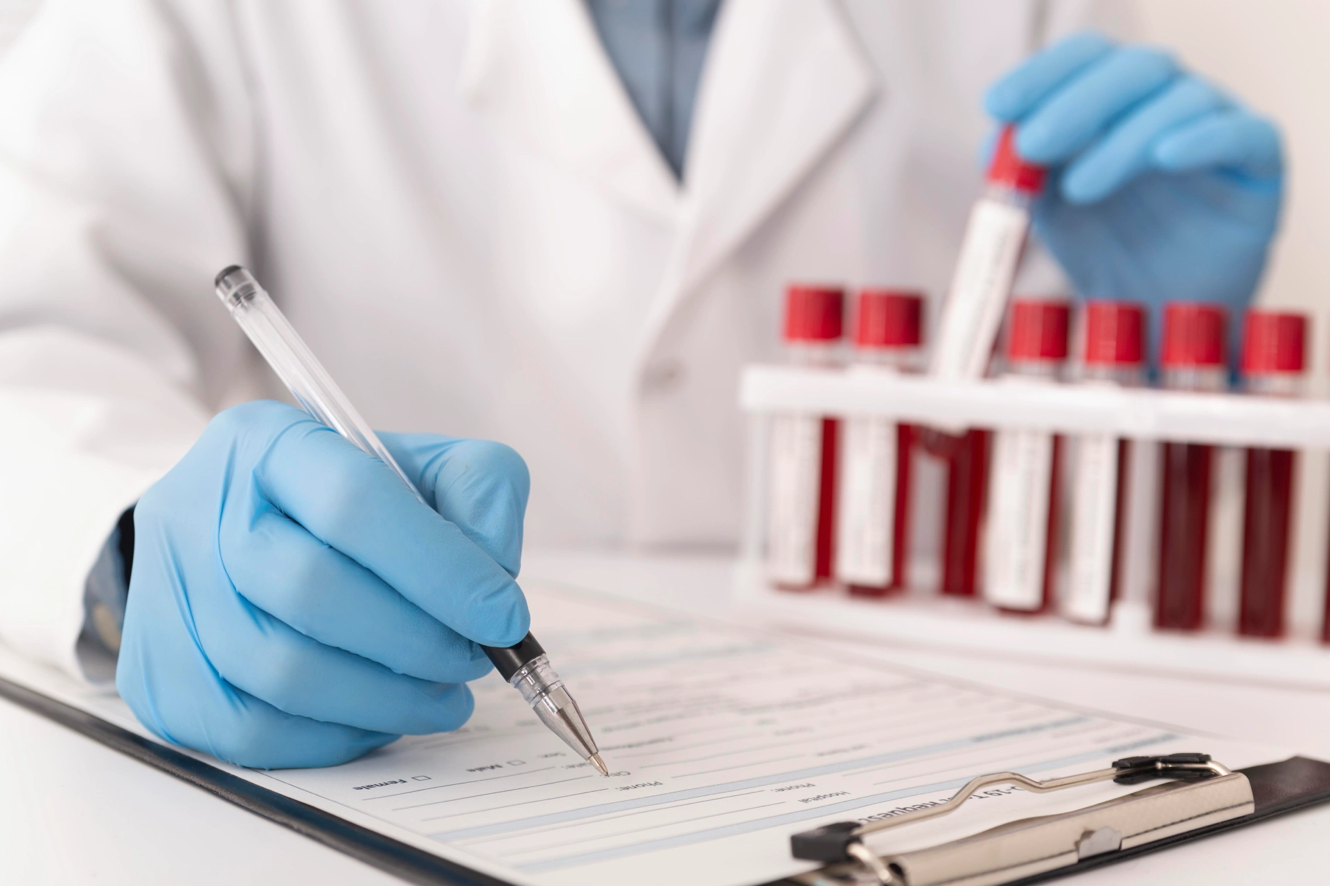 Medical laboratory testing with blood samples and equipment
